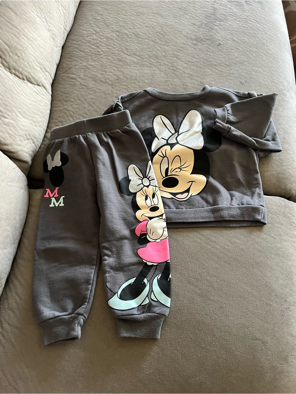 Minnie Mouse Gray Graphic Sweatshirt & Joggers Set - Pink Accents